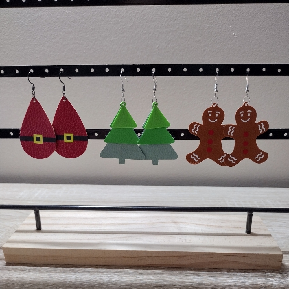 Handmade Faux Leather Set of 3 Christmas Earrings